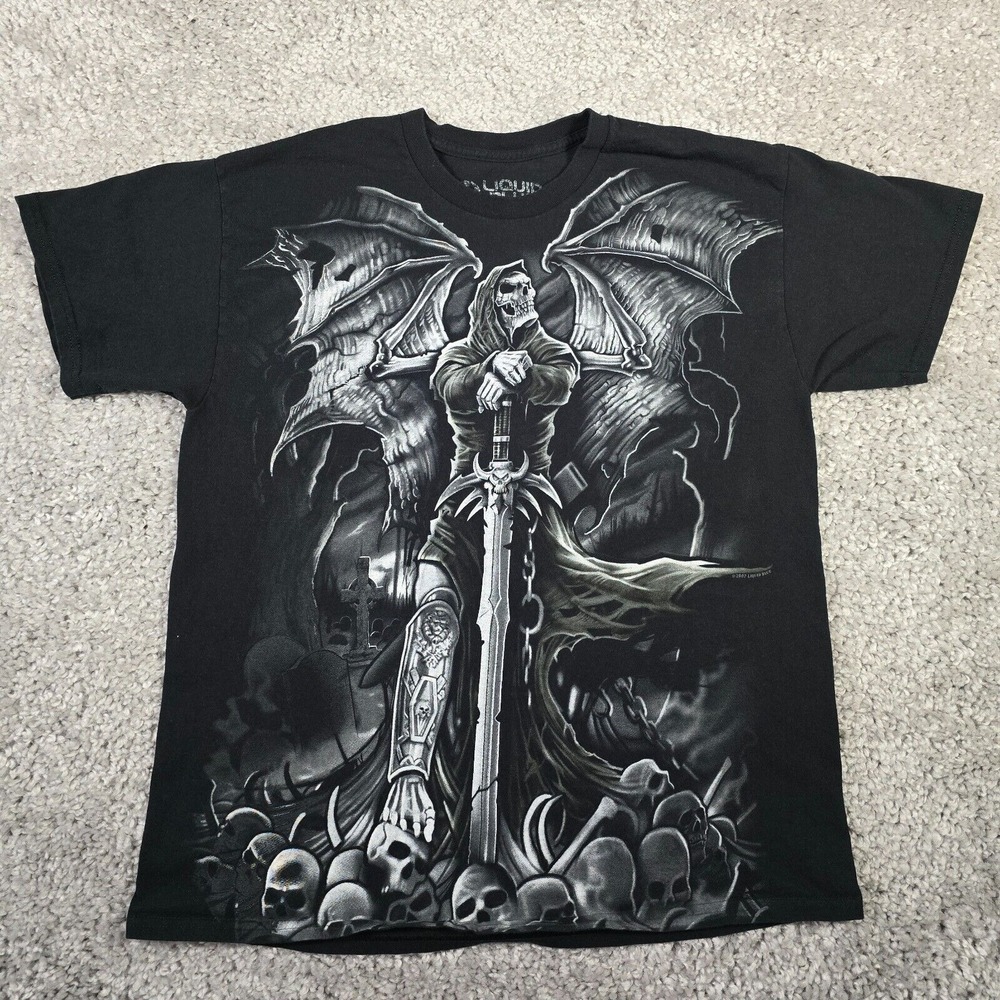 Liquid Blue Mens Archangel Grim Reaper Graphic‎ Shirt Black Size L Y2K Goth
